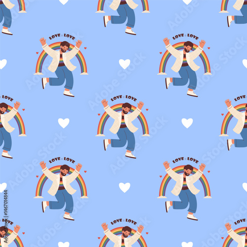 Seamless Pattern Happy LGBT bearded man Dancing with Rainbow on blue background. Pride Month. LGBTQ community, Parade, love, support, acceptance. Holiday backdrop. Vector illustration