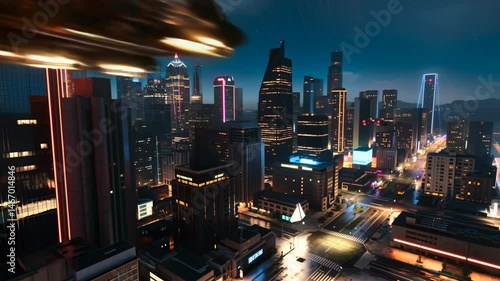 Cityscape at night with illuminated skyscrapers and vibrant lights