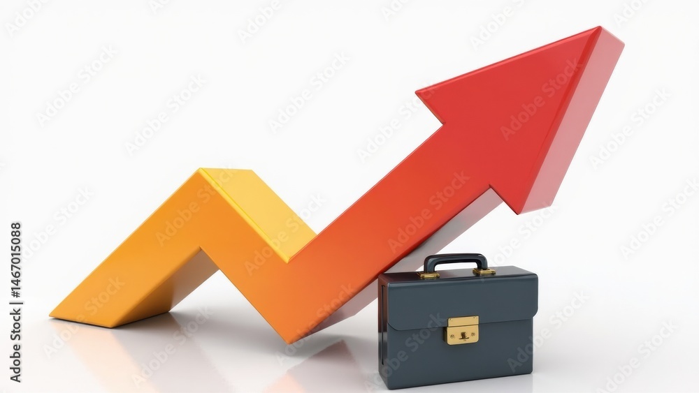 A 3D icon of a rising stock arrow with a briefcase at the base, finance and success metaphor. upward investment portfolio