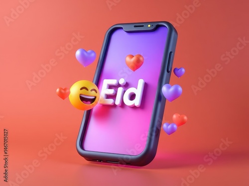 Obraz na płótnie A modern 3D icon of a smartphone displaying Eid greetings with floating emoji hearts above it in. w salonie