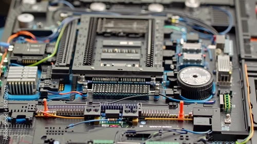 Closeup of a computer motherboard and electronic components with intricate wiring and circuits.