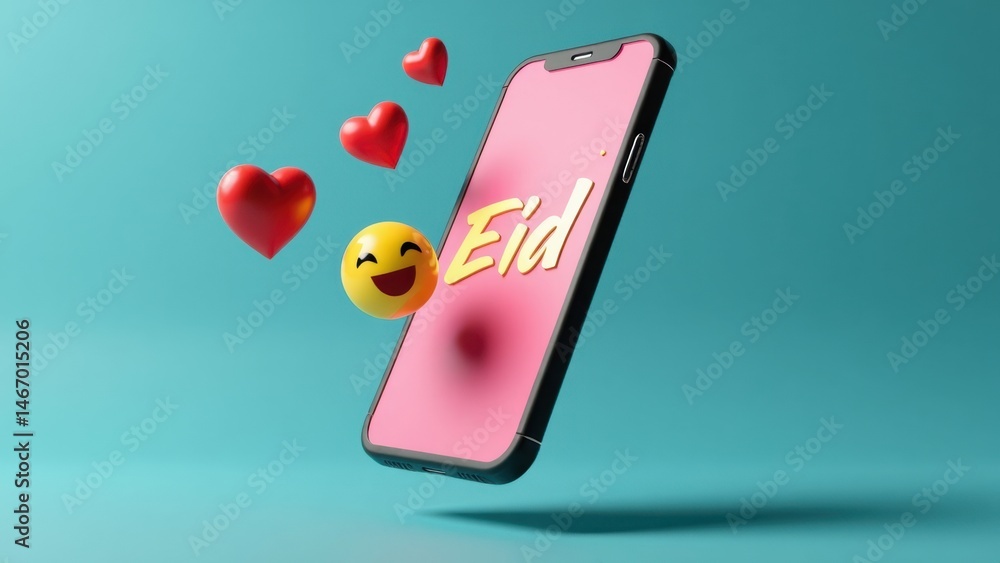 A modern 3D icon of a smartphone displaying Eid greetings with floating emoji hearts above it in.