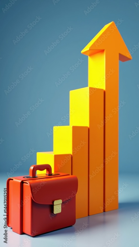 A 3D icon of a rising stock arrow with a briefcase at the base, finance and success metaphor .