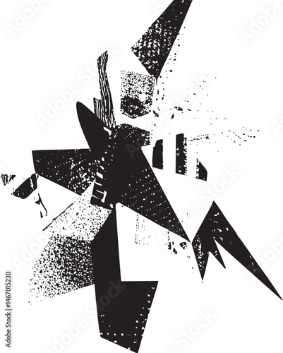 A fragmented geometric figure emerges from a textured background.