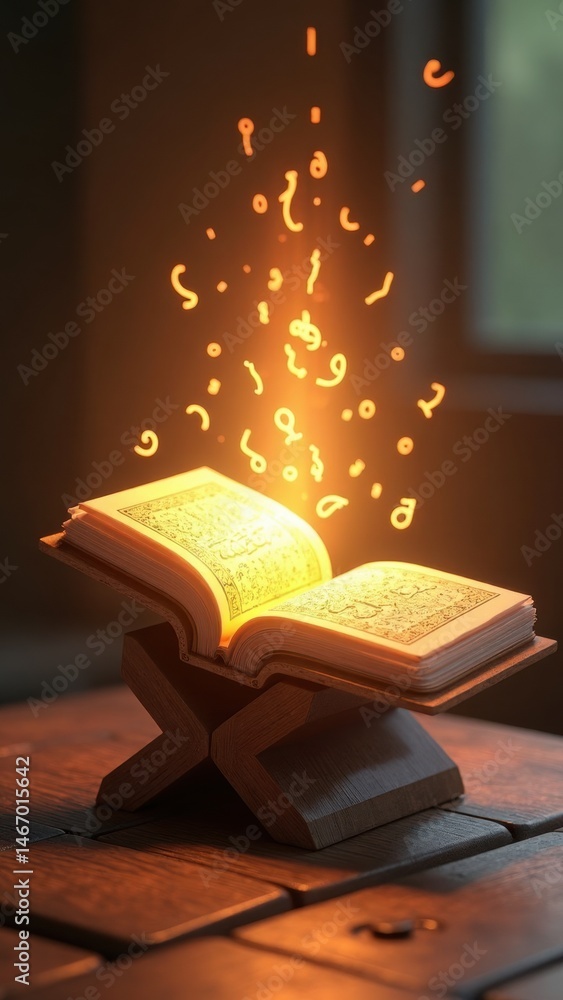A spiritual 3D of a glowing Quran on a wooden stand with floating Arabic letters around it in.
