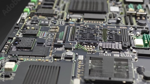 Closeup of electronic circuit boards in a row showing intricate components and connections.