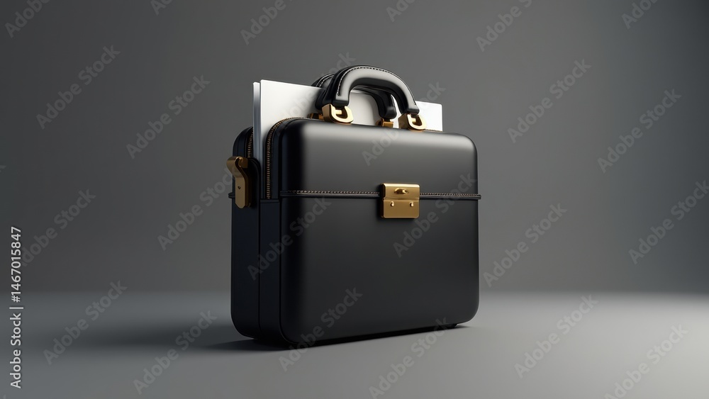 A modern 3D briefcase icon with a matte black finish and gold accents, slightly open to show documents inside, professional aesthetic.