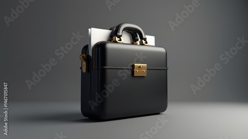 Obraz na płótnie A modern 3D briefcase icon with a matte black finish and gold accents, slightly open to show documents inside, professional aesthetic. w salonie