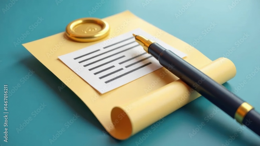 A glossy 3D contract with a signing pen, realistic paper texture, and a golden seal for important negotiations .