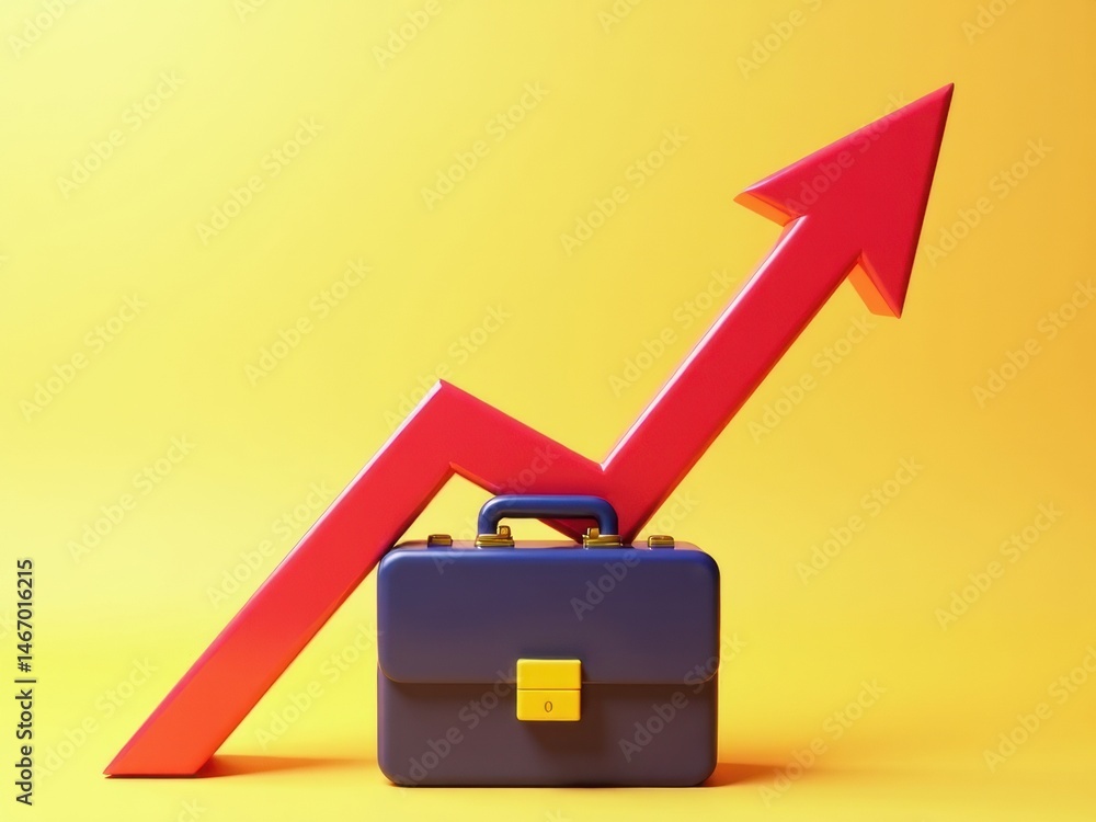 A 3D icon of a rising stock arrow with a briefcase at the base, finance and success metaphor .