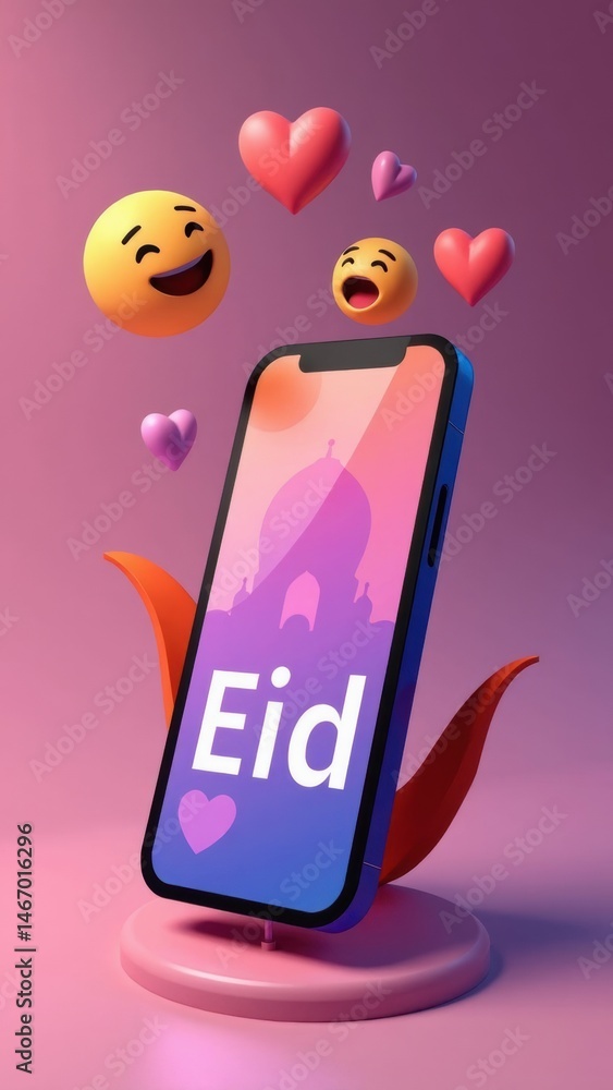 A modern 3D icon of a smartphone displaying Eid greetings with floating emoji hearts above it in.