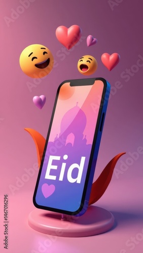 Obraz na płótnie A modern 3D icon of a smartphone displaying Eid greetings with floating emoji hearts above it in. w salonie
