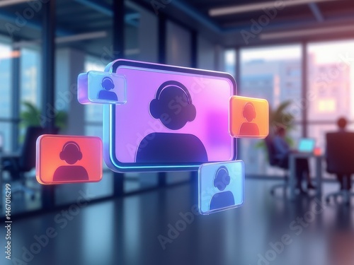 A futuristic 3D video call icon with floating screens and a blurred office background, representing remote meetings.
