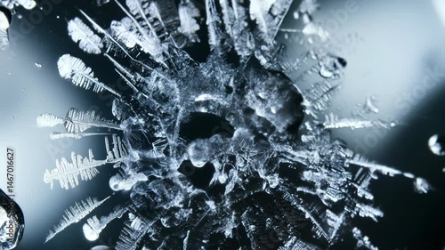 Closeup of ice crystals on glass surface in frosty winter setting