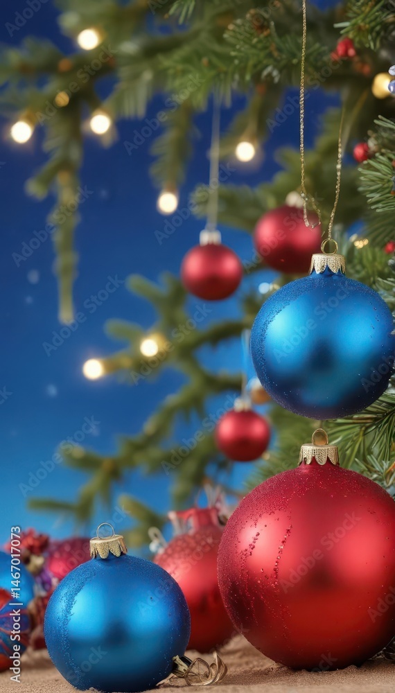 Sparkling ornaments & balls against vibrant blue sky Festive Christmas backdrop, joyful, bright, winter holiday Sparkling ornaments & balls against vibrant blue sky Festive Christmas backdrop, joyful, bright, winter holiday