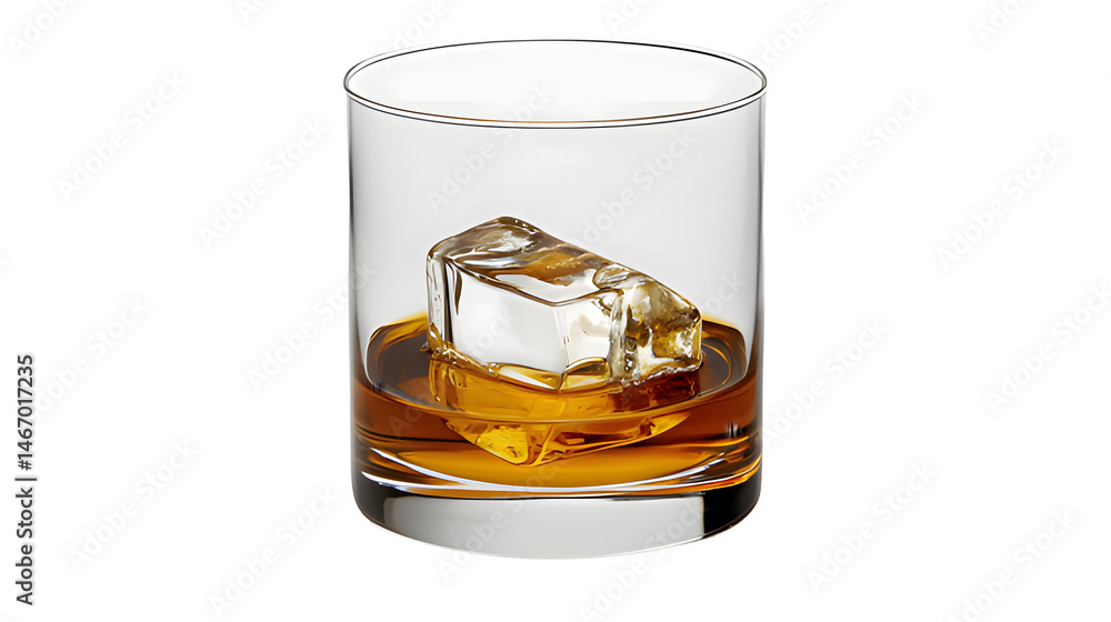 Single Clear Glass with Ice Cube and Amber Whiskey on Transparent Background Single Clear Glass with Ice Cube and Amber Whiskey on Transparent Background