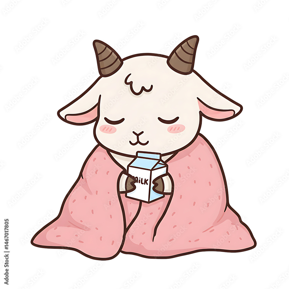 Fototapeta premium Cute goat drinking milk animal cartoon illustration kawaii art pink blanket adorable farm mammal character on transparent background