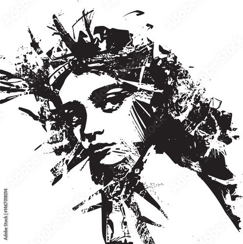 A stark fragmented portrait of a woman's face emerges from chaotic textures.