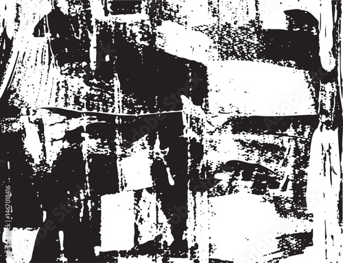 A solitary figure stands amidst fragmented shapes in a distressed monochrome composition.