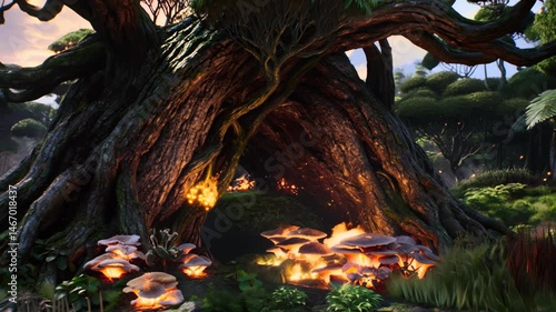Enchanted forest with gigantic tree and glowing mushrooms at dusk or dawn.