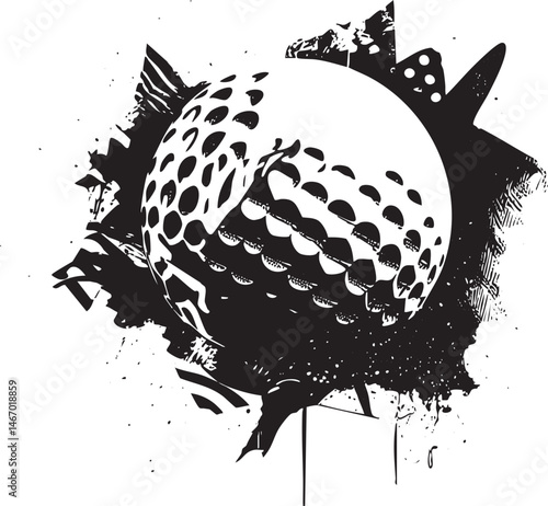 A stylized black and white golf ball explodes with energetic splatters.