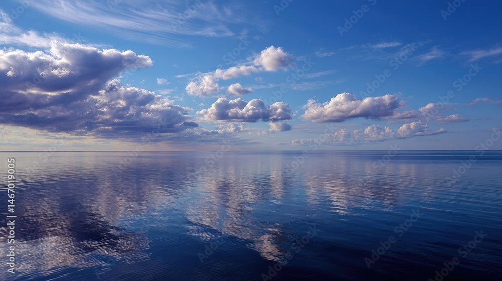Obraz premium A panoramic shot of the horizon where the sea and sky blend into each other, with calm waters reflecting the gentle sky