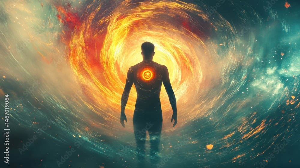 The glowing humanoid figure in the middle of an energy vortex conveys a sense of abstract spirituality that is expressed through radiating fantasy energy The glowing humanoid figure in the middle of an energy vortex conveys a sense of abstract spirituality that is expressed through radiating fantasy energy
