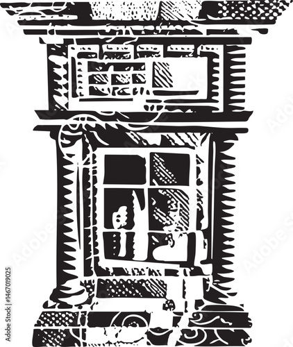 A monochrome block print depicts a stylized building facade with intricate architectural details.
