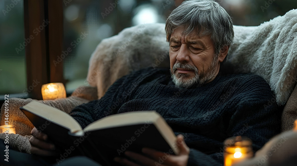Elderly Man Reading Book by Fireplace in Snowy Winter Evening Elderly Man Reading Book by Fireplace in Snowy Winter Evening