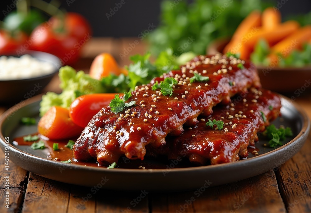 savory barbecue ribs glazed tangy sauce garnished fresh herbs, smoky, meat, grill, cooking, dish, flavor, appetizer, delicious, plate, presentation savory barbecue ribs glazed tangy sauce garnished fresh herbs, smoky, meat, grill, cooking, dish, flavor, appetizer, delicious, plate, presentation