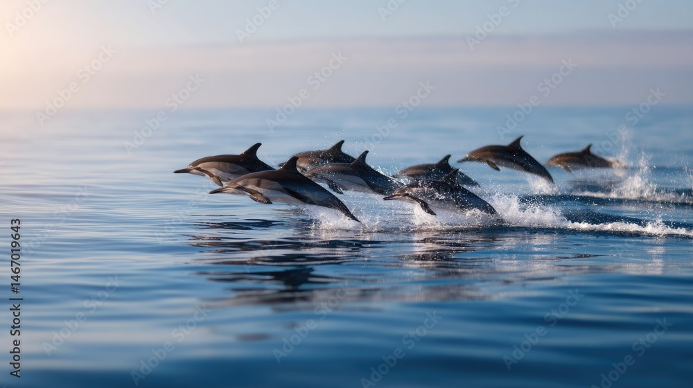 Naklejka premium A pod of striped dolphins jumping in unison, captured mid-air over calm ocean waters