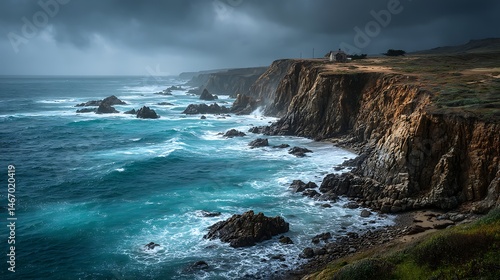 Wide drone view of dramatic coastal cliffs and rugged rocky shoreline with crashing ocean spray beneath a brooding overcast sky, evoking a moody and realistic seascape with soft focus and cool tones.