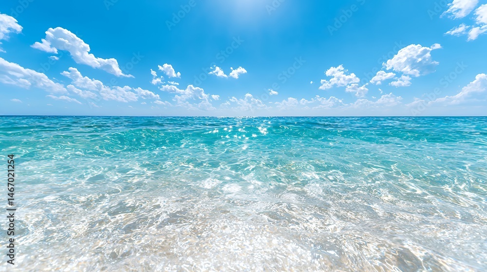 Fototapeta premium Ocean Waves Under Blue Sky with White Clouds and Sunlight