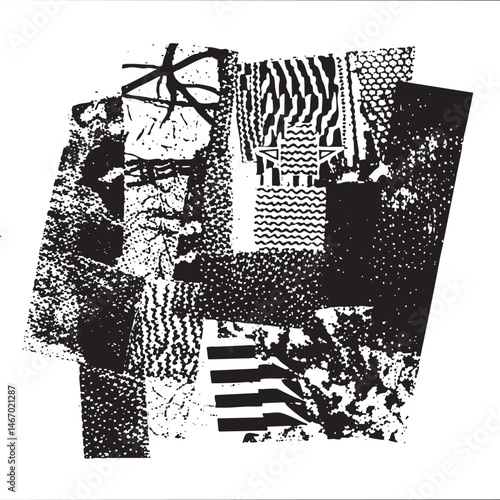 A fragmented textured collage of geometric shapes in monochrome.