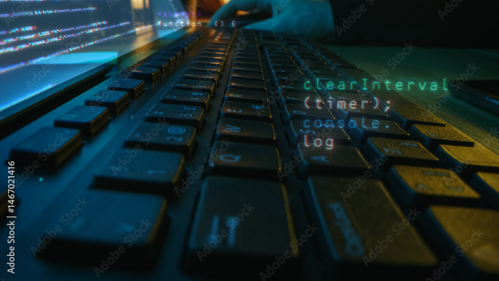 Coder is Writing Program Instructions on a Computer's Keypad. Graphics Showcase the Profession of Programming and Building of Web Services, as Snippets of Digital Syntax Appear on Screen Coder is Writing Program Instructions on a Computer's Keypad. Graphics Showcase the Profession of Programming and Building of Web Services, as Snippets of Digital Syntax Appear on Screen