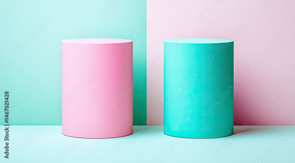 Two pastel cylinder displays on a split backdrop Two pastel cylinder displays on a split backdrop