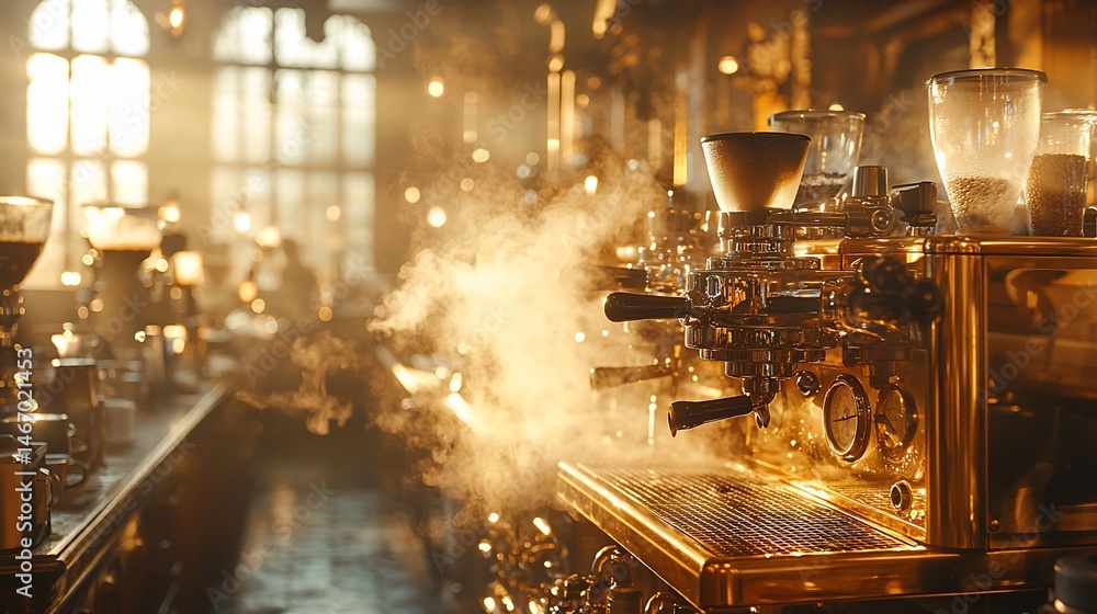 Golden coffee machine steaming in a warm cafe Golden coffee machine steaming in a warm cafe