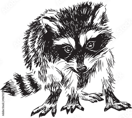 A curious raccoon peers intently from a shadowed setting.