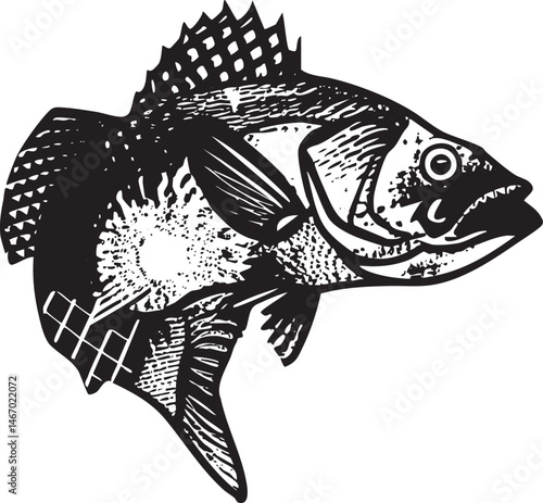 A stylized black and white of a predatory fish with prominent dorsal fins.