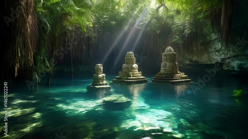 Sunlight illuminating ancient stone structures in lush jungle setting