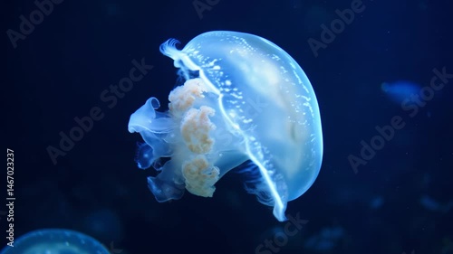 Translucent jellyfish gliding gracefully in blue ocean underwater scene