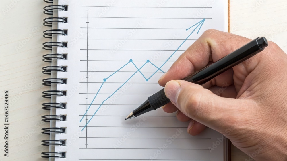 goal setting investment cocept Hand drawing a line chart in a notebook with a pen, illustrating data trends. goal setting investment cocept Hand drawing a line chart in a notebook with a pen, illustrating data trends.