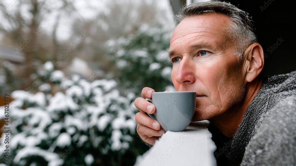 Man drinks coffee outside in snow Man drinks coffee outside in snow
