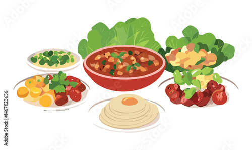 Stew with Flatbread, Lettuce, and Tomatoes - Vector Illustration