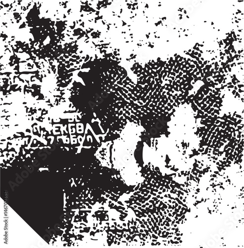 A densely textured black and white reveals fragmented shapes and blurred lettering.