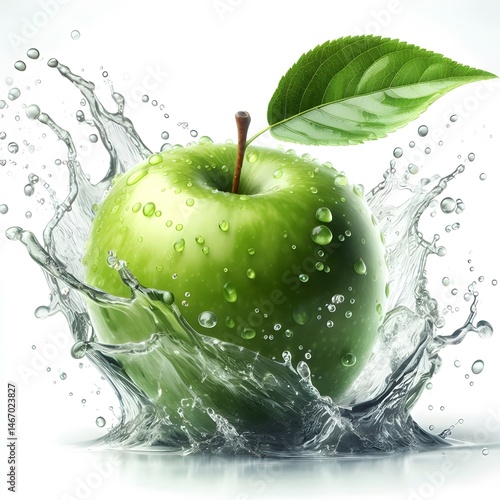 A green apple with water on a white background.