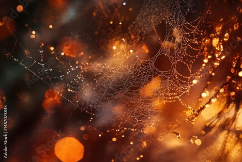 Dew-kissed spiderweb glistening in the warm autumn light, a magical scene.