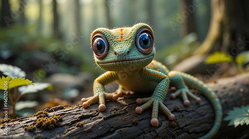 A fantastically bright crocheted gecko sits with large enchanting eyes on a log, drawing attention with its vibrant and textured yarn artistry in a forest habitat.