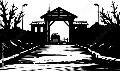 Depict the eerie atmosphere of a deserted military checkpoint.