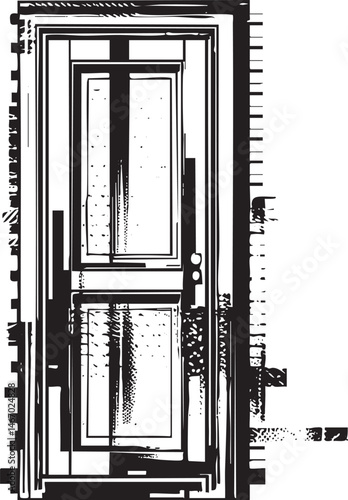 A weathered wooden door stands firmly against a gray background.